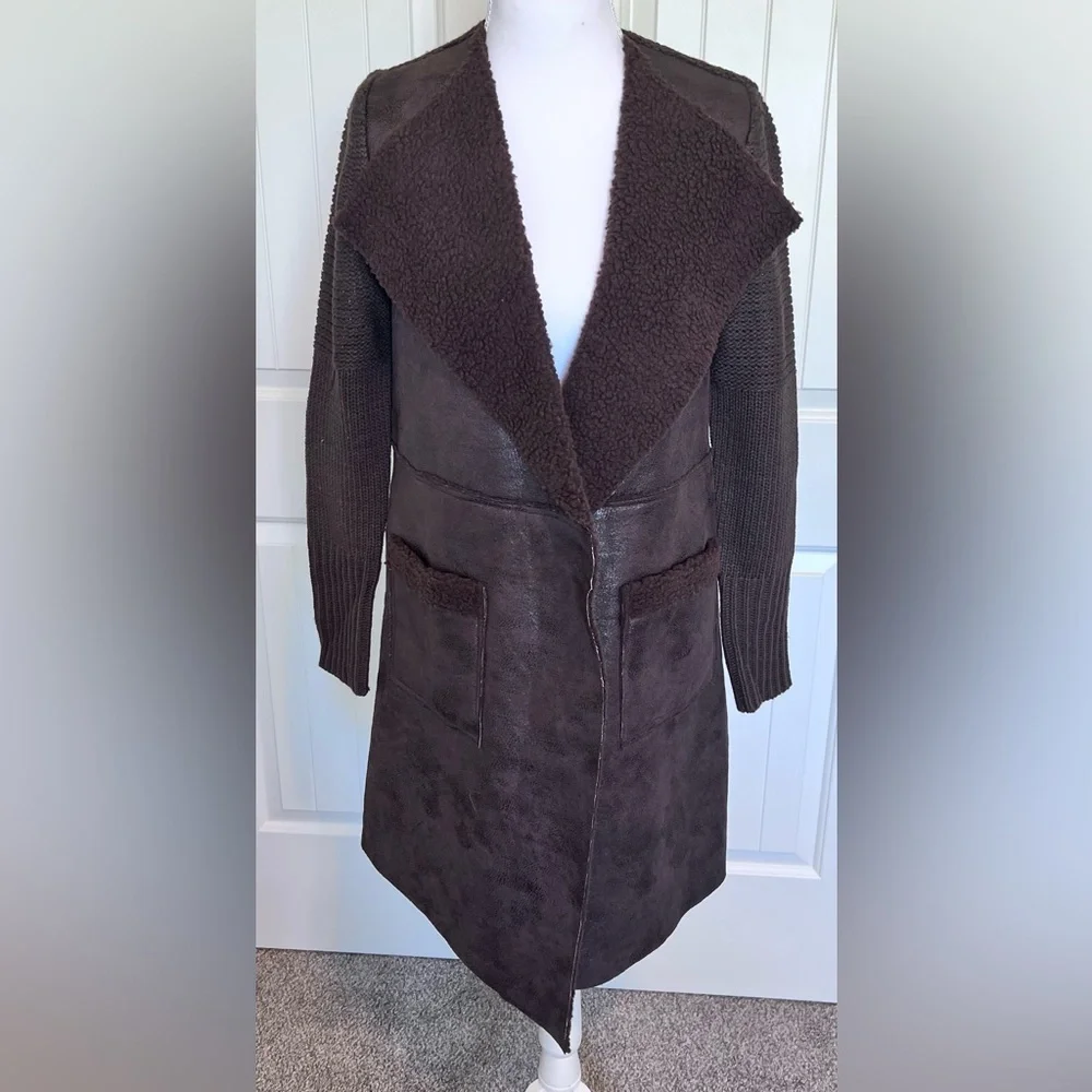 NWT Sweater Coat Pockets Faux Leather Sherpa Brown tones Sweater Back xs/sm